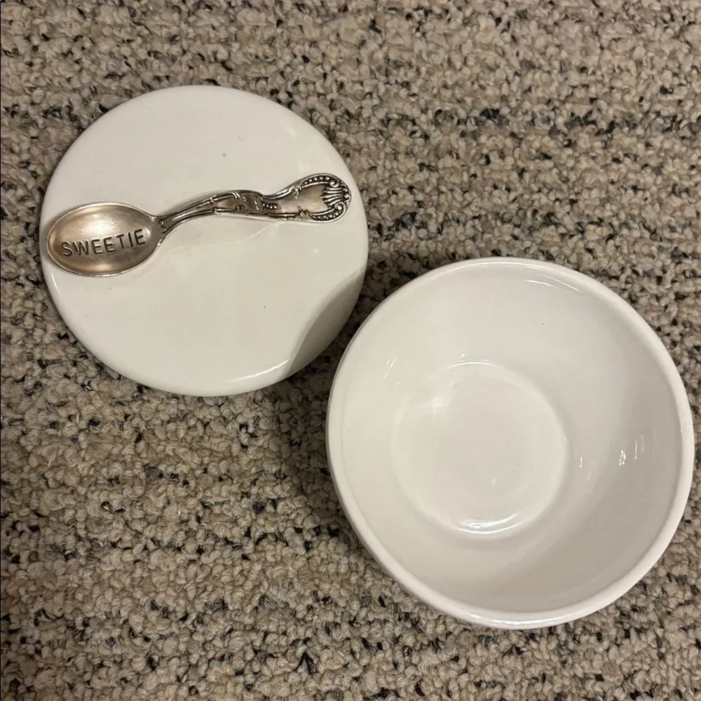 Mudpie White Sugar Bowl with Silver Spoon Handle on Lid